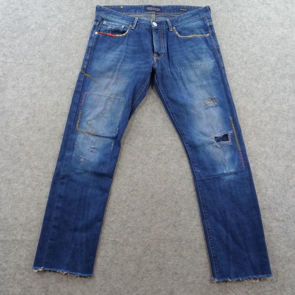 Scotch & Soda Ralston Mens Jeans 32 Blue Distressed Patched Denim Italy Raw Hem